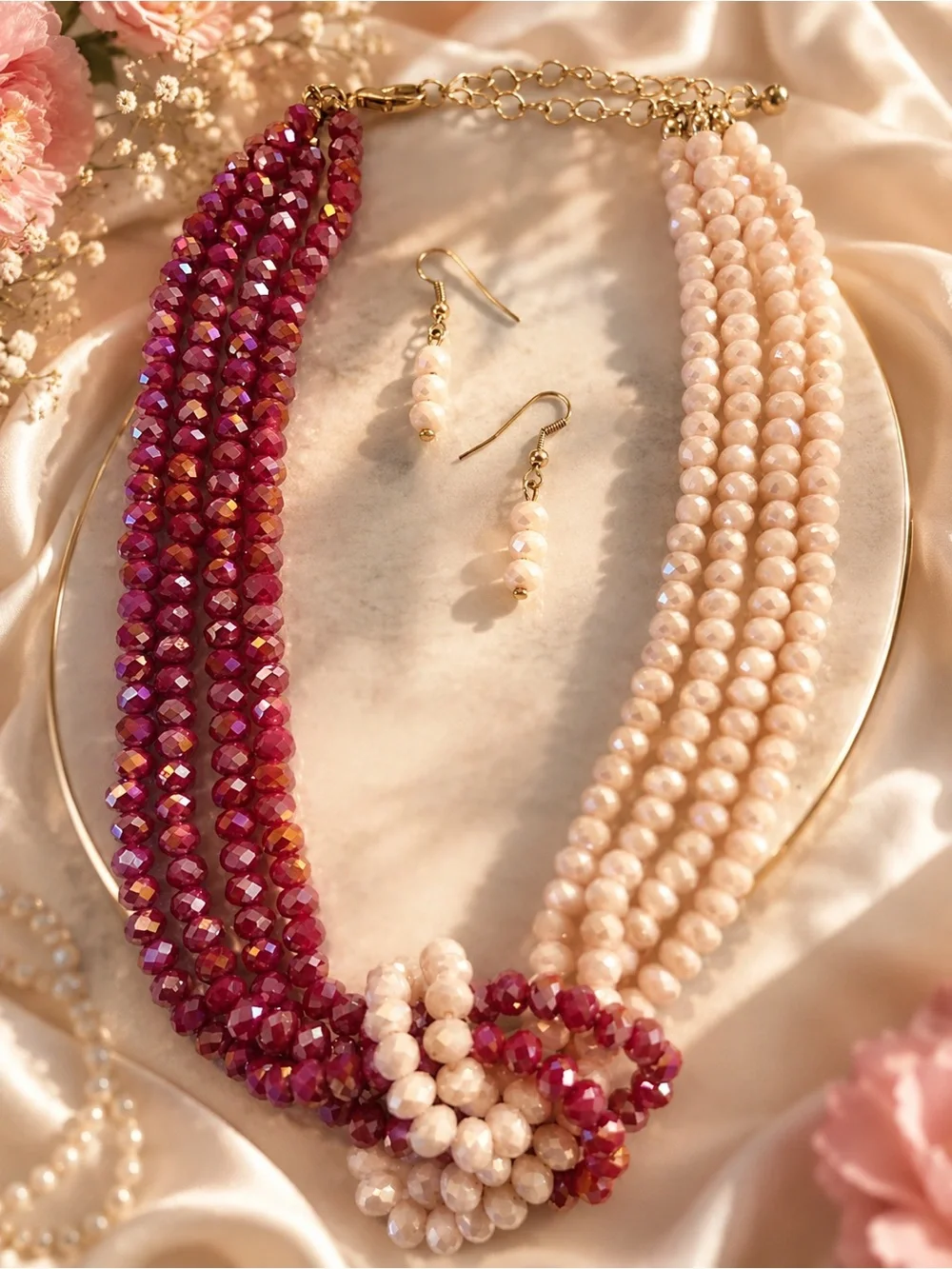 Multistrand Red and Cream Beaded Necklace Set with Earrings